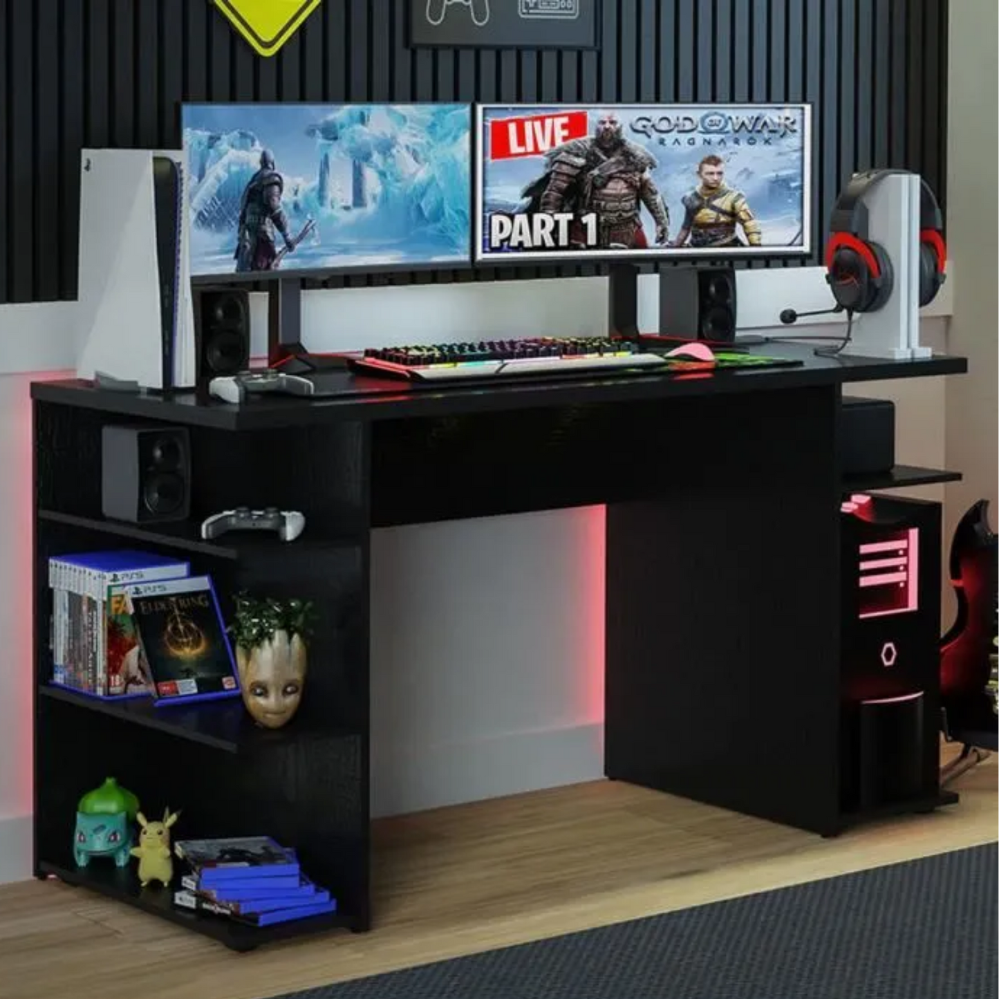 Bureau Gamer – MADESA – 136 x 60 x 75 cm – 5 étagères – Bois Noir