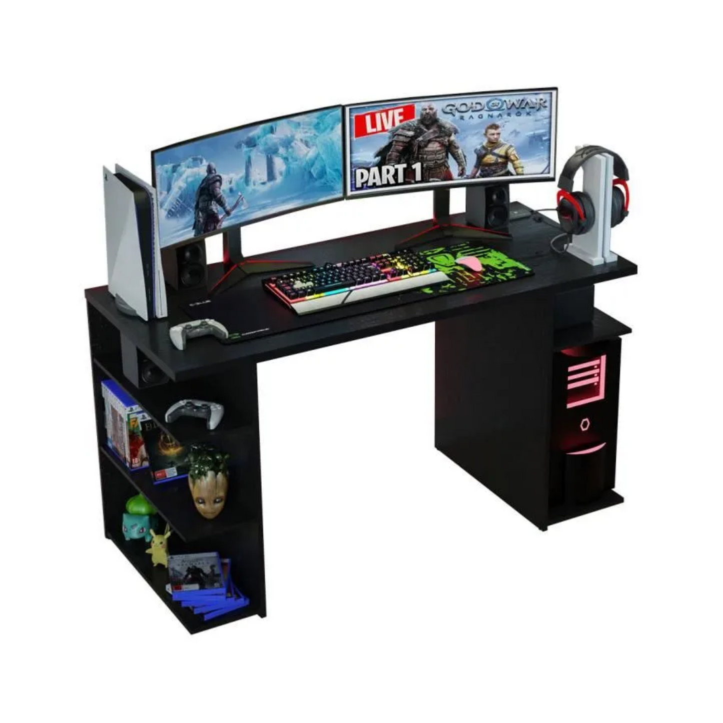 Bureau Gamer – MADESA – 136 x 60 x 75 cm – 5 étagères – Bois Noir
