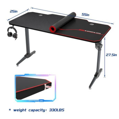 Bureau Gamer SogesHome 140x65x75 CM avec Tapis de Souris Complet & Gaming Rack/Chargeur à USB – Noir