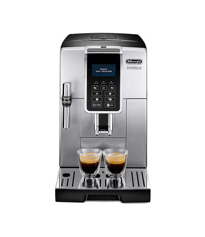 La machine à café argentée élégante et moderne FEB-3535 de DeLonghi, dotée d'un écran numérique et d'un mousseur à lait intégré, prépare de manière experte deux tasses d'espresso, ce qui en fait le choix parfait pour n'importe quelle cuisine.