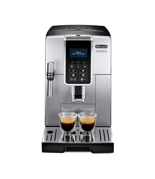 La machine à café argentée élégante et moderne FEB-3535 de DeLonghi, dotée d'un écran numérique et d'un mousseur à lait intégré, prépare de manière experte deux tasses d'espresso, ce qui en fait le choix parfait pour n'importe quelle cuisine.